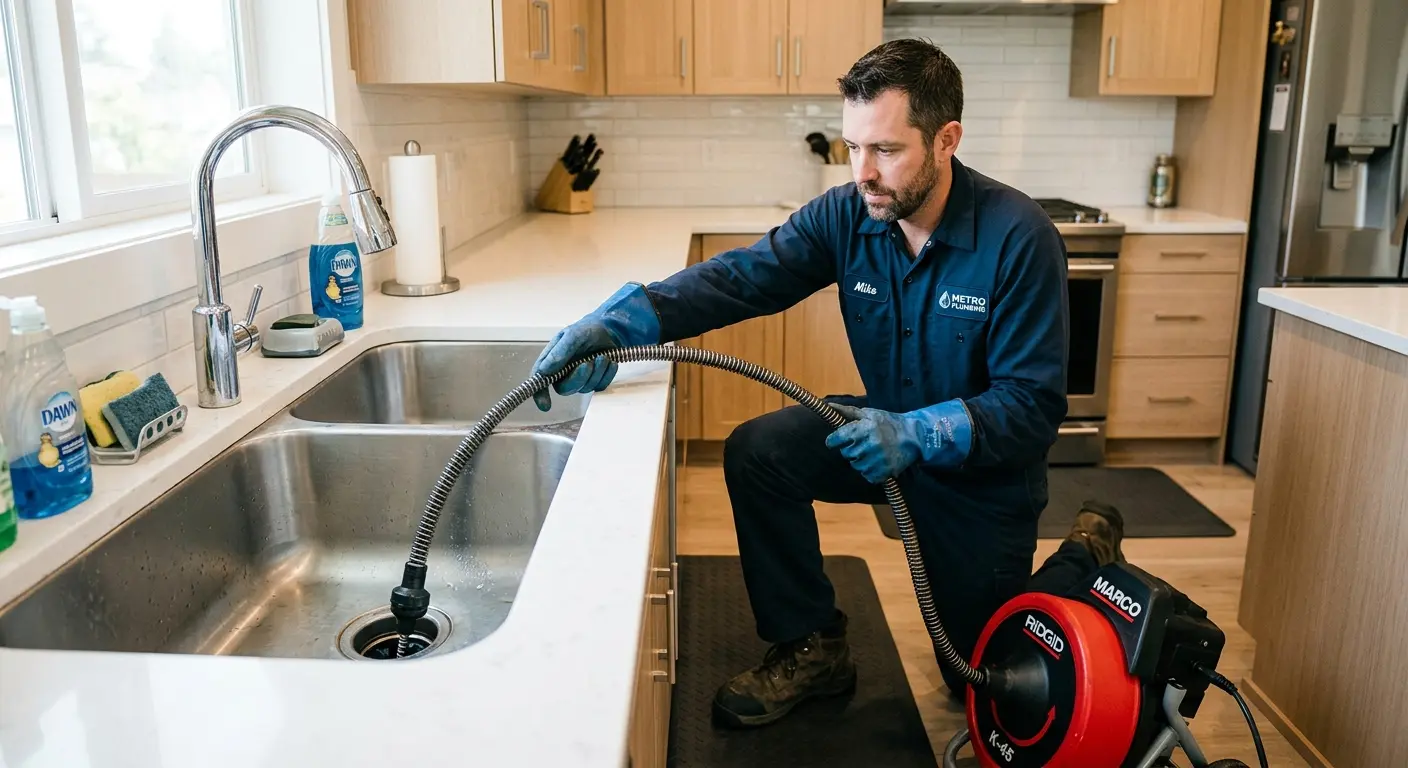 Drain cleaning technician using a motorized snake on a kitchen sink in Flowood