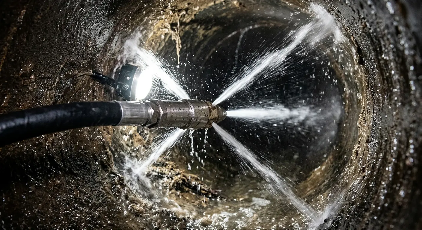 High-pressure hydro jetting nozzle cleaning sewer pipe for Trenchless Sewer Repair in Flowood