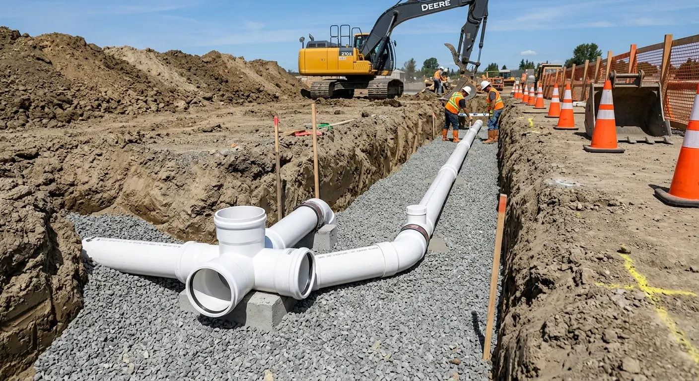 New PVC sewer pipe installation in open trench for Commercial Drain Cleaning in Flowood