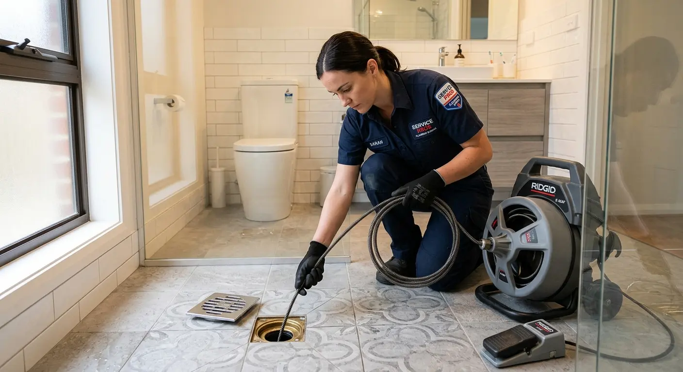 Technician clearing a bathroom floor drain for Drain Cleaning in Flowood